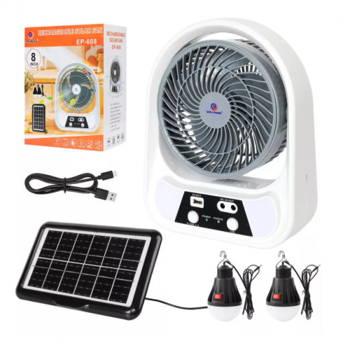 ABANICO SOLAR RECARGABLE PORTATIL 8", MESA PISO CON LUZ